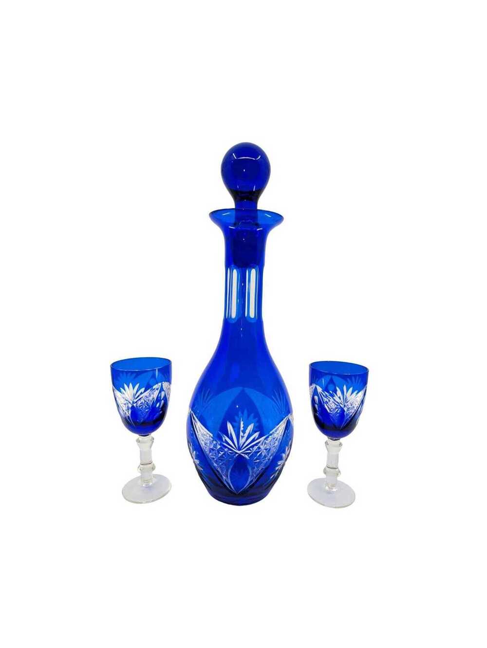 Vintage Cobalt Blue Cut to Clear Crystal Decanter Set 2 Cordial Glasses